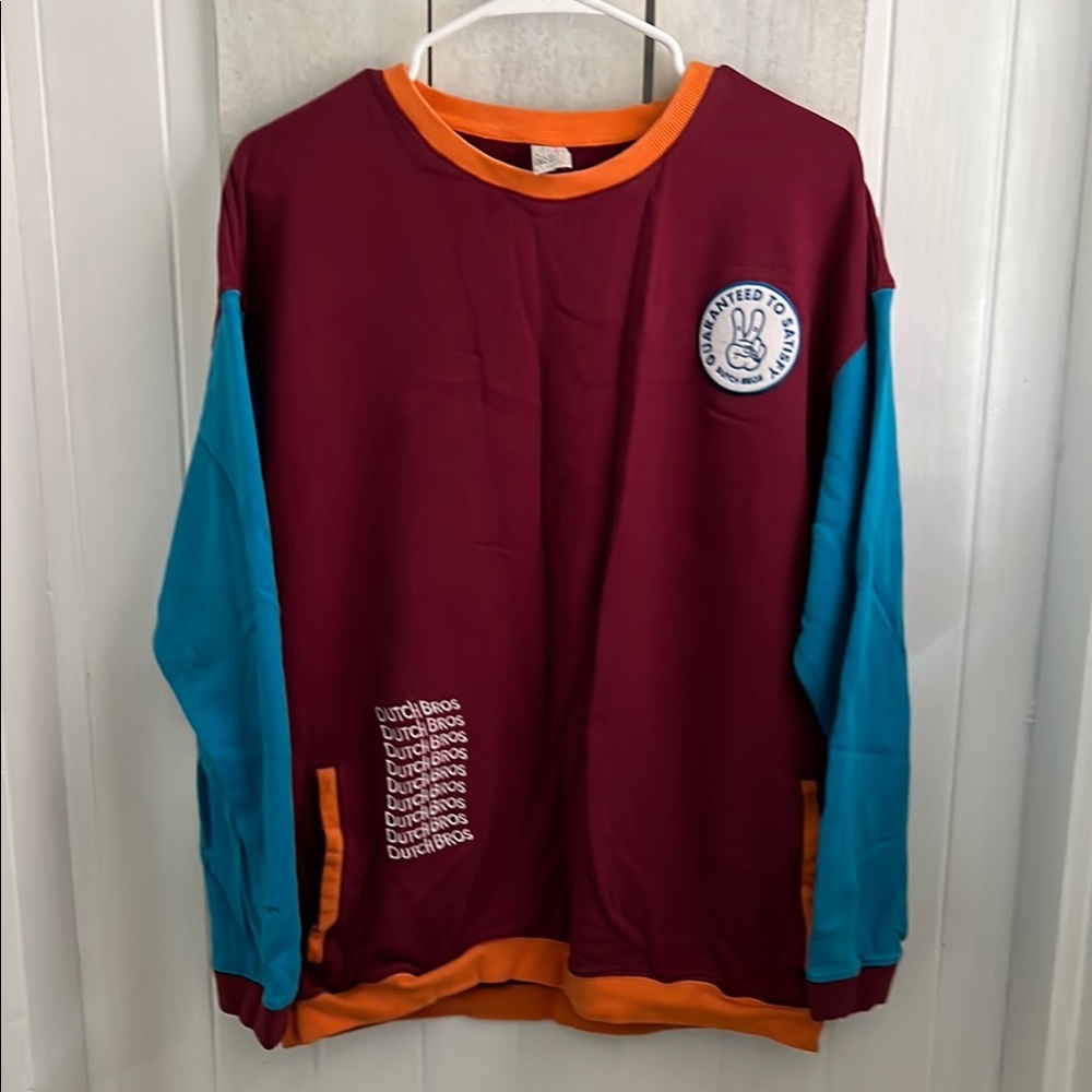 Dutch Bros Burgundy and Teal Crewneck Sweater